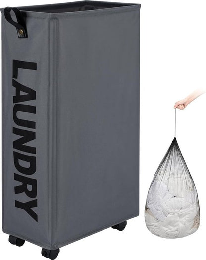 DOKEHOM Slim Laundry Basket - 27.5-Inch Rolling Hamper with Removable Wash Bag | Grey, Foldable Design