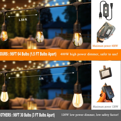 EIKOSON 100FT LED Outdoor String Lights with 60+4 Waterproof Bulbs(1.5FT Bulbs Spacing), Remote & Dimmer, Commercial Grade Patio Lights with 3 Mode Light & Timing, 100PC Ties