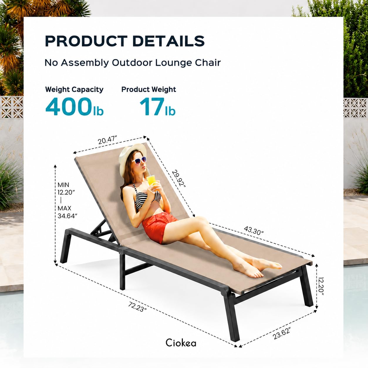 Ciokea Aluminum Foldable Lounge Chairs Set of 4 with 3 Outdoor Aluminum Side Table, Perfect Match, Suitable for Courtyard, Balcony, Lawn and Other Scenes, Khaki