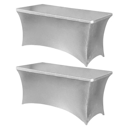 Obstal 6ft Stretch Spandex Table Cover for Standard Folding Tables - Universal Rectangular Fitted Tablecloth Protector for Wedding, Banquet, Party Stamping Silver, 72 Length x 30 Width x 30Height Inch
