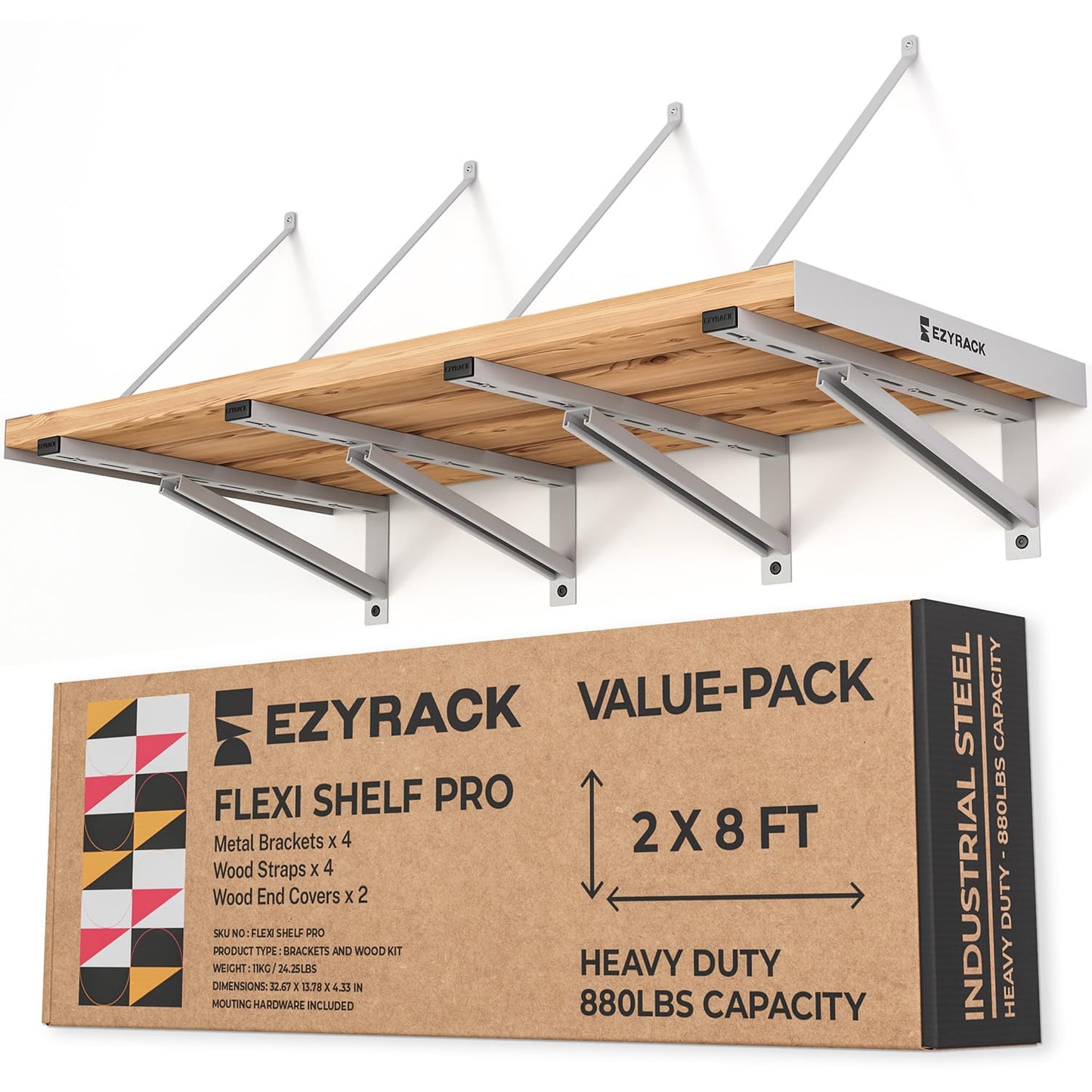 EZYRACK Flexi Shelf Pro Garage Wall Shelving - Heavy Duty Wall Mounted Storage System - Modular Metal Shelf Bracket for Workshop