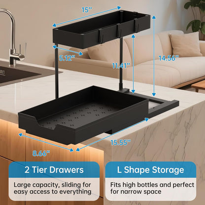 Nature's Source Under Sink Organizer - 2 Tier Sliding Storage Basket for Kitchen & Bathroom | Black