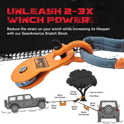GearAmerica Off Road Recovery Kit, 9 Ton, Includes Tow Strap, Tree Saver, Snatch Block Pulley, D-Ring Shackles, Winch Line Dampener Bag, Gloves - Off Road Recovery Gear, 4x4, Orange
