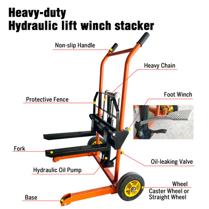 Hydraulic Material Lift Winch Stacker,440 Lbs Pallet Truck Dolly,Lift Table,Compact & Portable Hydraulic Winch for Construction,Warehousing,and DIY Projects
