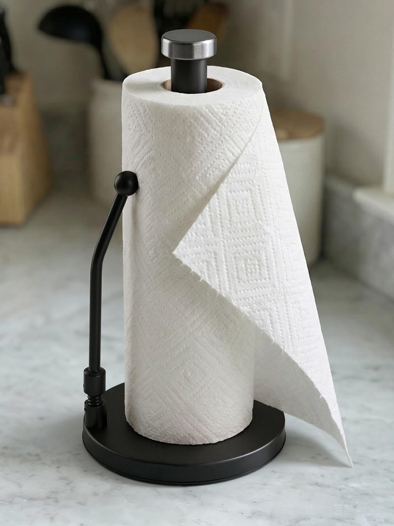 SMARTAKE Paper Towel Holder, Paper Towel Dispenser Standing Weighted Base Non Slip, Spring Arm Fit Most Size Paper Roll, Stainless Steel Paper Towel Holder for Home Kitchen Countertop Tabletop, Black