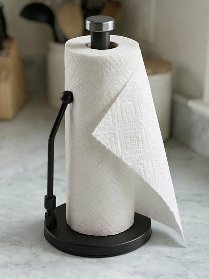 SMARTAKE Paper Towel Holder, Paper Towel Dispenser Standing Weighted Base Non Slip, Spring Arm Fit Most Size Paper Roll, Stainless Steel Paper Towel Holder for Home Kitchen Countertop Tabletop, Black
