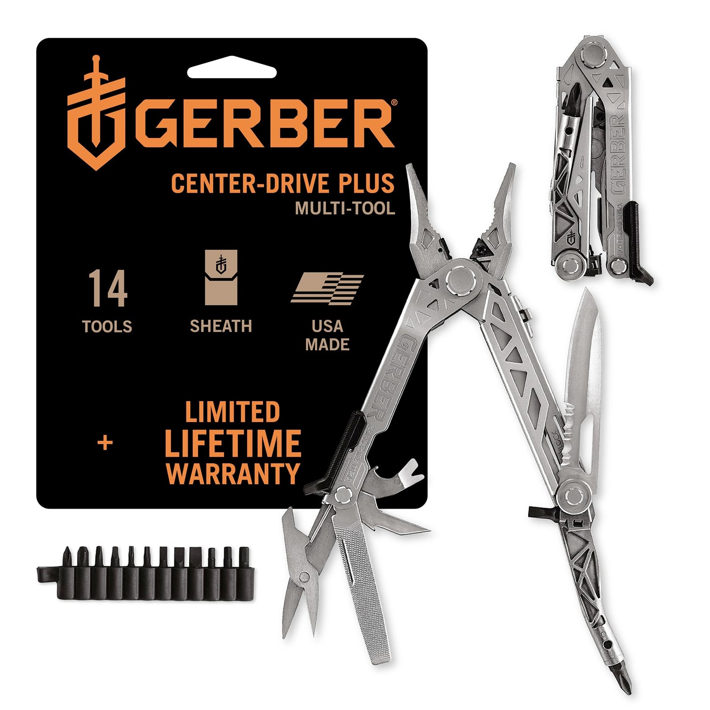 Gerber Gear Center-Drive Plus - 16-Piece Multi-Purpose Tool with Sheath & Bit Set - Includes Pry Bar, Knife, Needlenose Pliers, Nail Puller & More - Made in USA