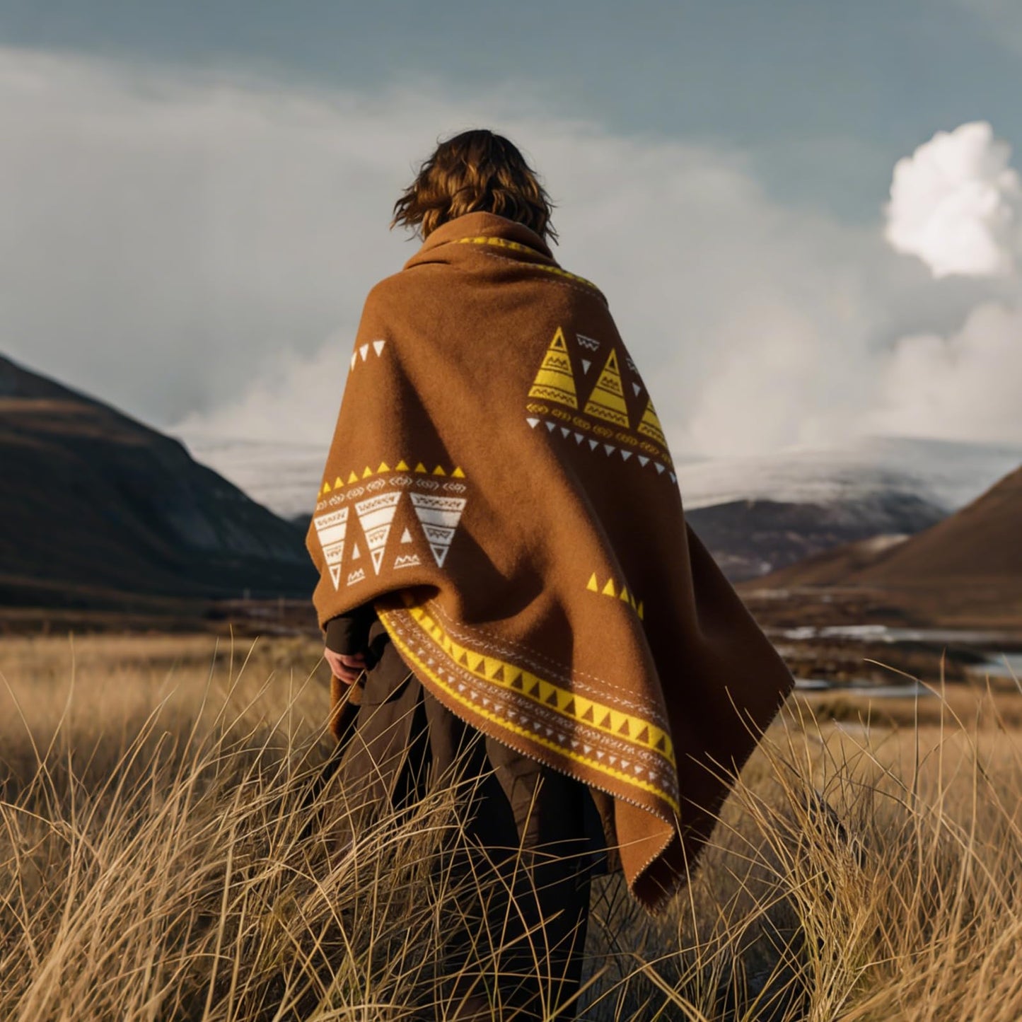 Netbors 100% New Zealand Wool Luxury Throw Blanket, Super Soft Warm Durable for Outdoor Camping and Home Use, Decorative Tribal Blanket for Sofa and Bed, Yellow Totem, 60x70 Inches