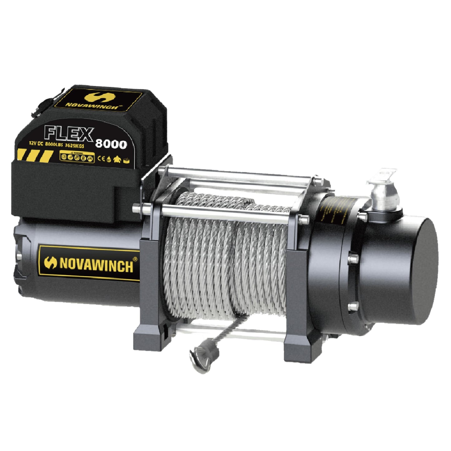 Novawinch Flex 8000 lb Utility Trailer Winch 12V Electric - IP68 Sealed Planetary Gearbox, 55.7 ft Wire Rope, Auto Load-Holding Brake, Waterproof Remote - Flatbed, Shop, Equipment, Car Hauler, SAE