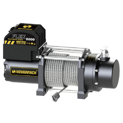 Novawinch Flex 8000 lb Utility Trailer Winch 12V Electric - IP68 Sealed Planetary Gearbox, 55.7 ft Wire Rope, Auto Load-Holding Brake, Waterproof Remote - Flatbed, Shop, Equipment, Car Hauler, SAE