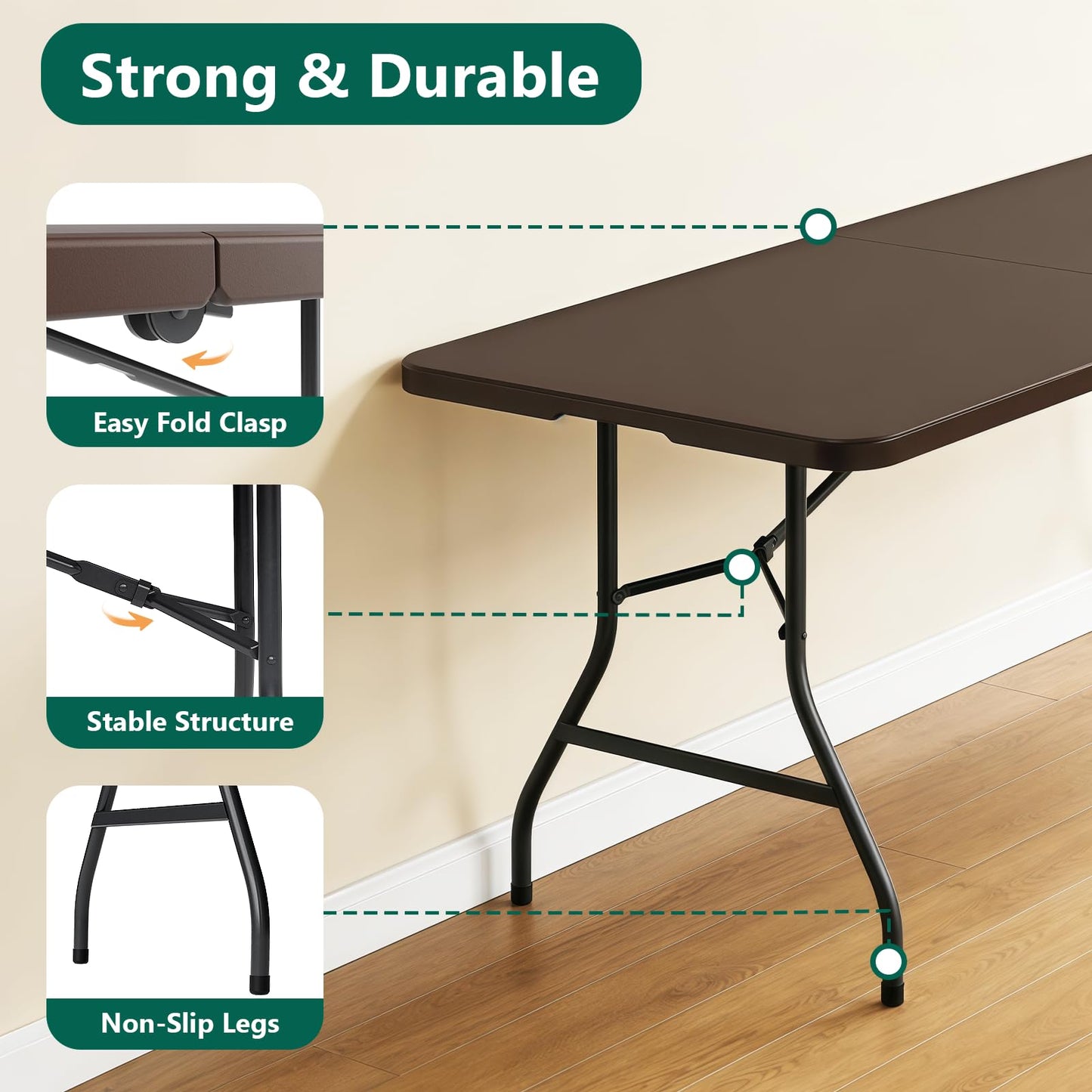 MAKE CHANGES 6FT Folding Table, Heavy Duty Plastic Fold-in-Half Utility Table with Handle, Portable Camping Picnic Table with Steel Legs for Indoor Outdoor Party, Dining, Brown,2 Pack