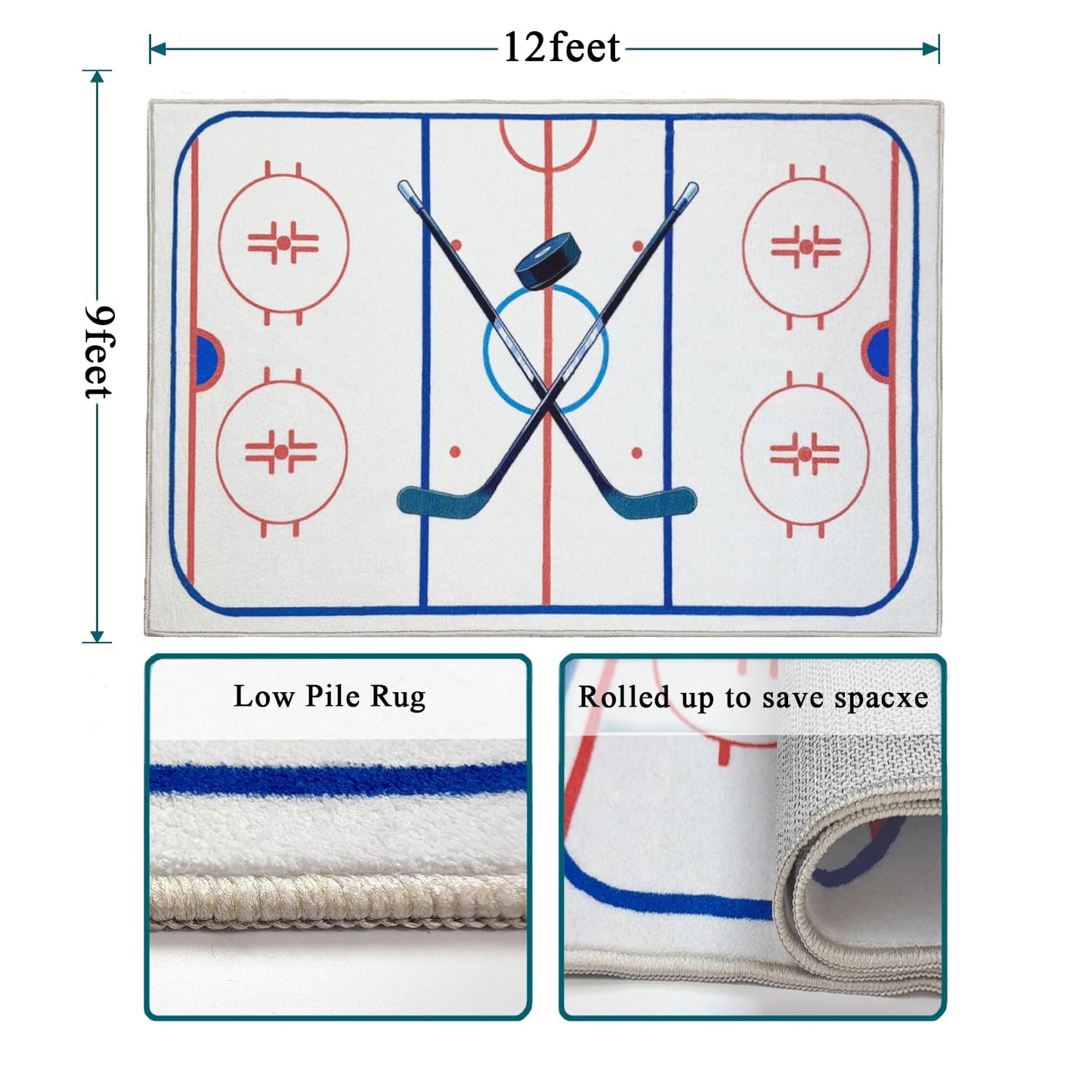 Hockey Rug 9x12 Washable Low Pile Non Slip Sports Rug for Boys Bedroom Decor, Hockey Room Area Rug Man Cave Carpet Mat