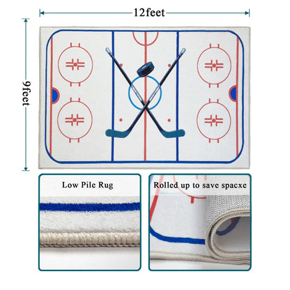 Hockey Rug 9x12 Washable Low Pile Non Slip Sports Rug for Boys Bedroom Decor, Hockey Room Area Rug Man Cave Carpet Mat