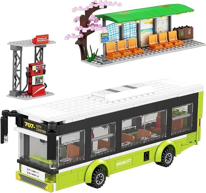 General Jim's City Bus Building Blocks Set - 415-Piece Urban Playset with Functional Doors Removable Top and Bus Stop - Compatible with Major Brick Building Brands