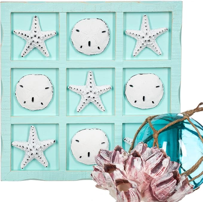Beach Tic Tac Toe - 9 X 9 Seafoam Blue Tic Tac Toe Decor Home W/White Resin Starfish &amp Sand Dollars - Real Wooden Tic Tac Toe - Tic Tac Toe Coffee Table - Nautical Décor