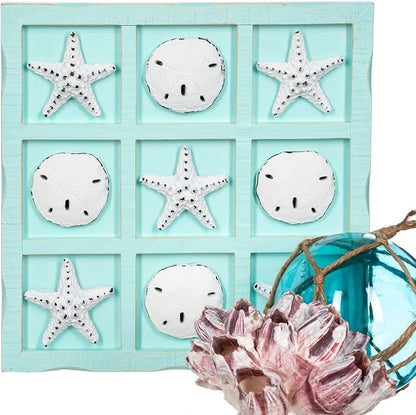 Beach Tic Tac Toe - 9 X 9 Seafoam Blue Tic Tac Toe Decor Home W/White Resin Starfish &amp Sand Dollars - Real Wooden Tic Tac Toe - Tic Tac Toe Coffee Table - Nautical Décor