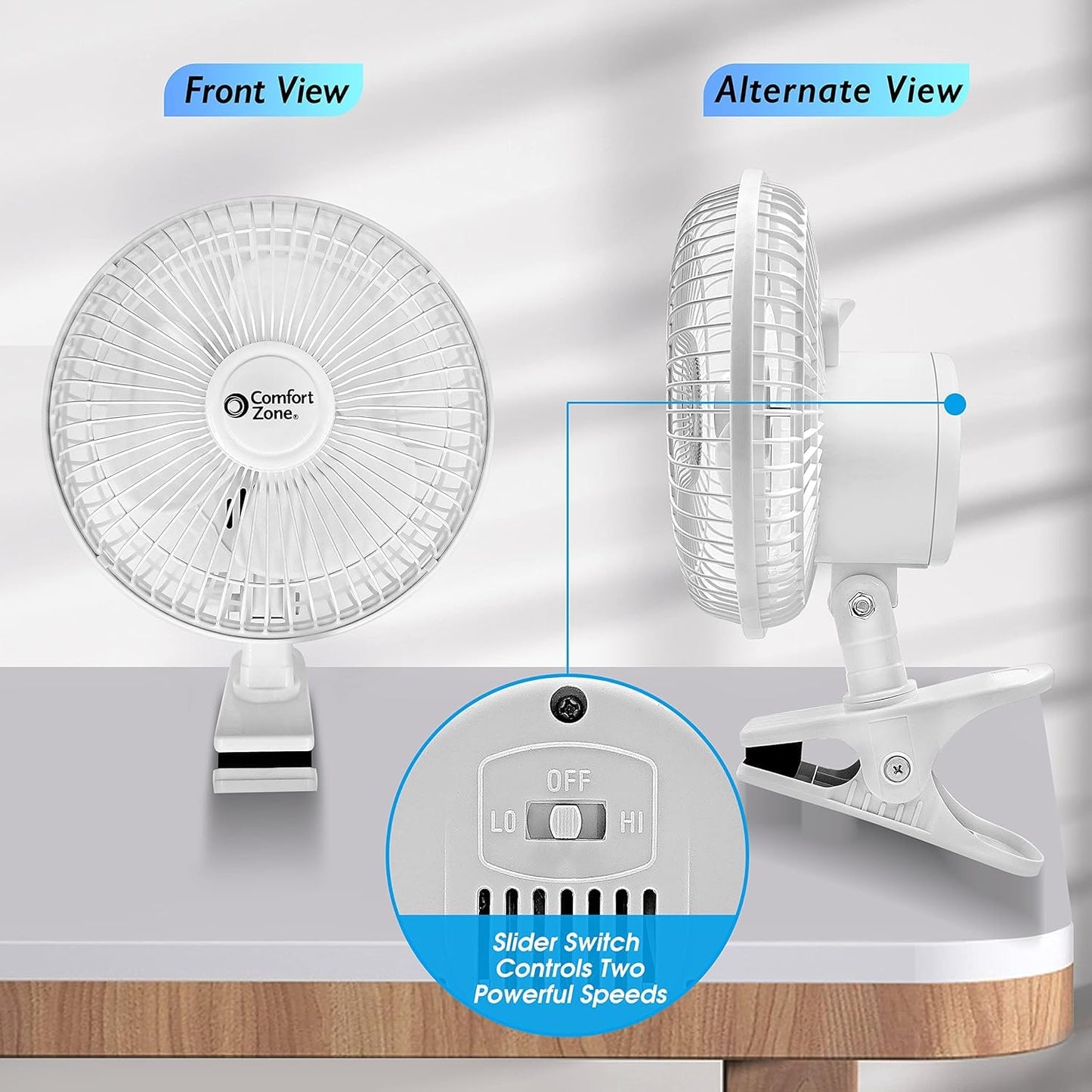 Comfort Zone Portable Clip on Fan, 6 inch Stroller Fan with Fully Adjustable Tilt, Quiet 2 Speed Bedside Fan, Mini Desk Fan, Table Fan, Easily Clip on to Desk, Stroller or Bedroom Nightstand, Black