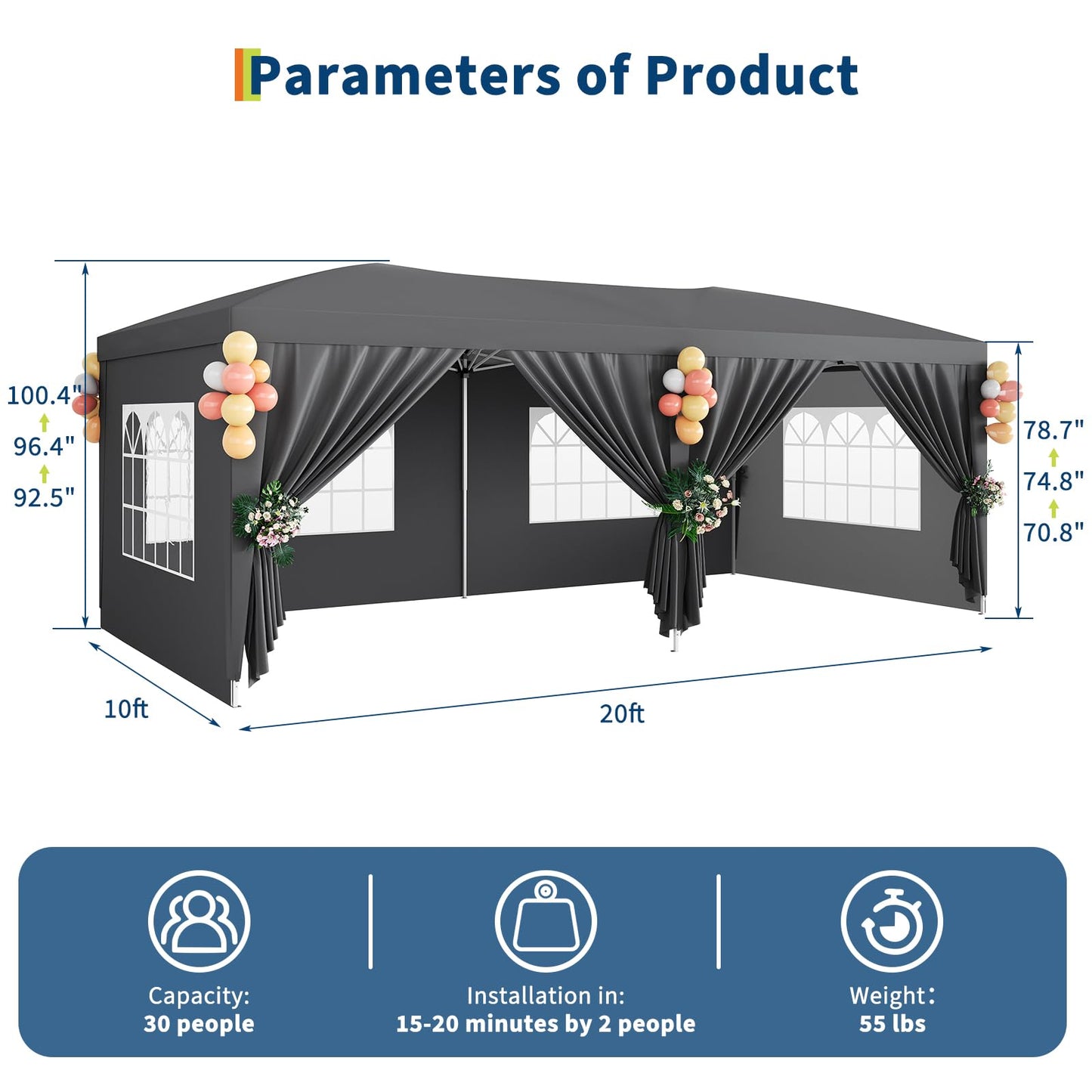 10x20 ft Pop Up Canopy Tent with 6 Removable Sidewalls, Easy Up Commercial Party Tent, 3 Adjustable Heights, Heavy Duty Waterproof Outdoor Canopy with Stakes & Ropes for Events, Wedding, Market