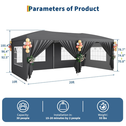 10x20 ft Pop Up Canopy Tent with 6 Removable Sidewalls, Easy Up Commercial Party Tent, 3 Adjustable Heights, Heavy Duty Waterproof Outdoor Canopy with Stakes & Ropes for Events, Wedding, Market