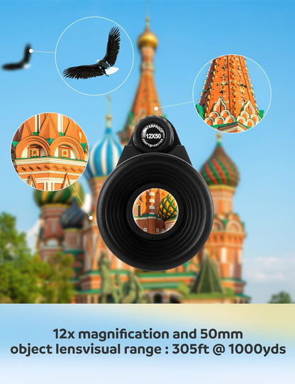12x50 High Power HD Monocular Telescope with Phone Adapter & Tripod, Waterproof Compact Monocular for Bird Watching, Hiking, Camping - Clear Low Light Vision