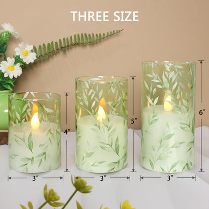 Immeiscent Glass Flameless Candles Green Decor Willow Leaves Vines Greenery Battery Operated LED Pillar Candles for Elegant Home Botanical Decor Special Occasions, Set of 3