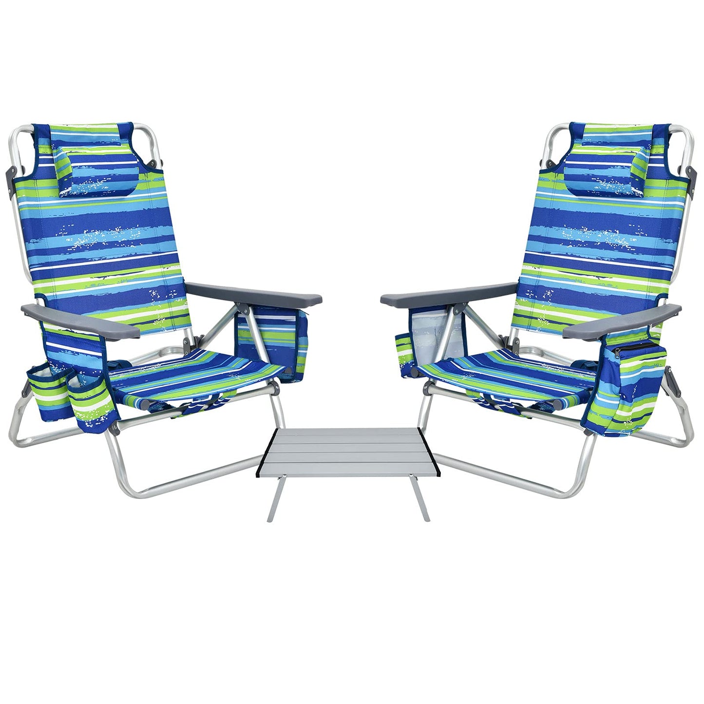 GYMAX Beach Chairs, Backpack Camping Chair with Armrest, Cooler Bag, Cup Holder, Towel Bar & Side Pockets, Sunbath Sling Tanning Lounge, Folding Layout Chair (with Table, Blue Stripe)