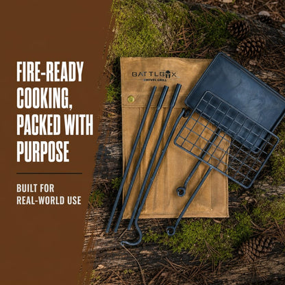 BATTLBOX Bushcraft Grill Set, Steel Campfire Cooking Grate Swivel Grill For Outdoor BBQ Open Fire, Packable Campfire Cook Set, Heavy Duty Open Fire Swivel Camping Cooktop, Canvas Bag
