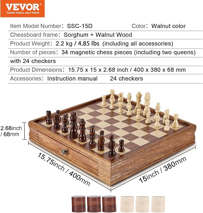 VEVOR Solid Wood Chess Set 15 inch 2-in-1 Chess Checkers Game Set Chess Board Games with Storage Drawer &amp Weighted Chess Checkers Pieces &amp 2 Queens Christmas Crafts Xmas Gift