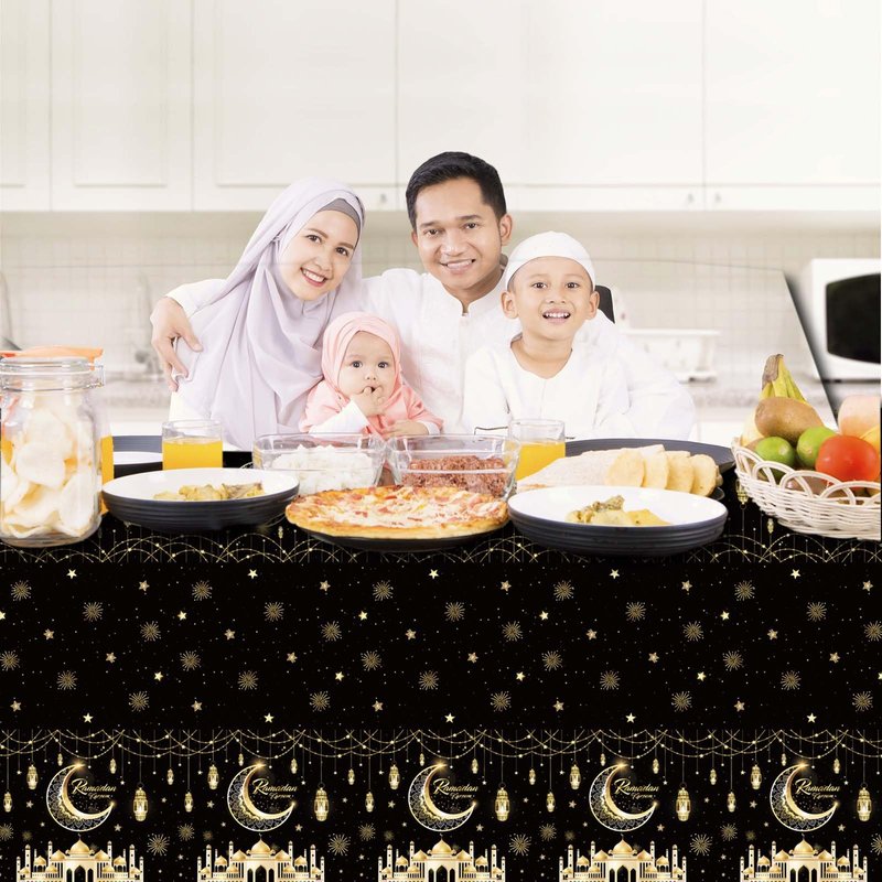 Qpout 3 Pack Ramadan Tablecloths, Disposable Plastic Rectangle Eid Table Covers with Moon and Star Design for Ramadan Mubarak Decorations, 108 x 54 Inches