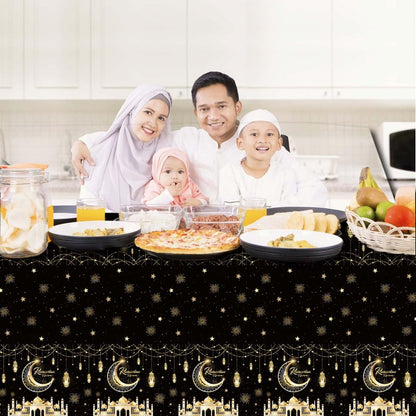 Qpout 3 Pack Ramadan Tablecloths, Disposable Plastic Rectangle Eid Table Covers with Moon and Star Design for Ramadan Mubarak Decorations, 108 x 54 Inches