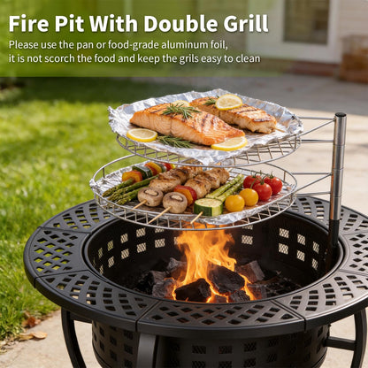 FDW 36 Inch Fire Pit with 2 Adjustable Grills,Wood Burning Fire Pits for Outside with Lid & Fire Poker, BBQ& Outdoor Firepit & Round Metal Table 3 in 1 for Patio, Picnic, Party