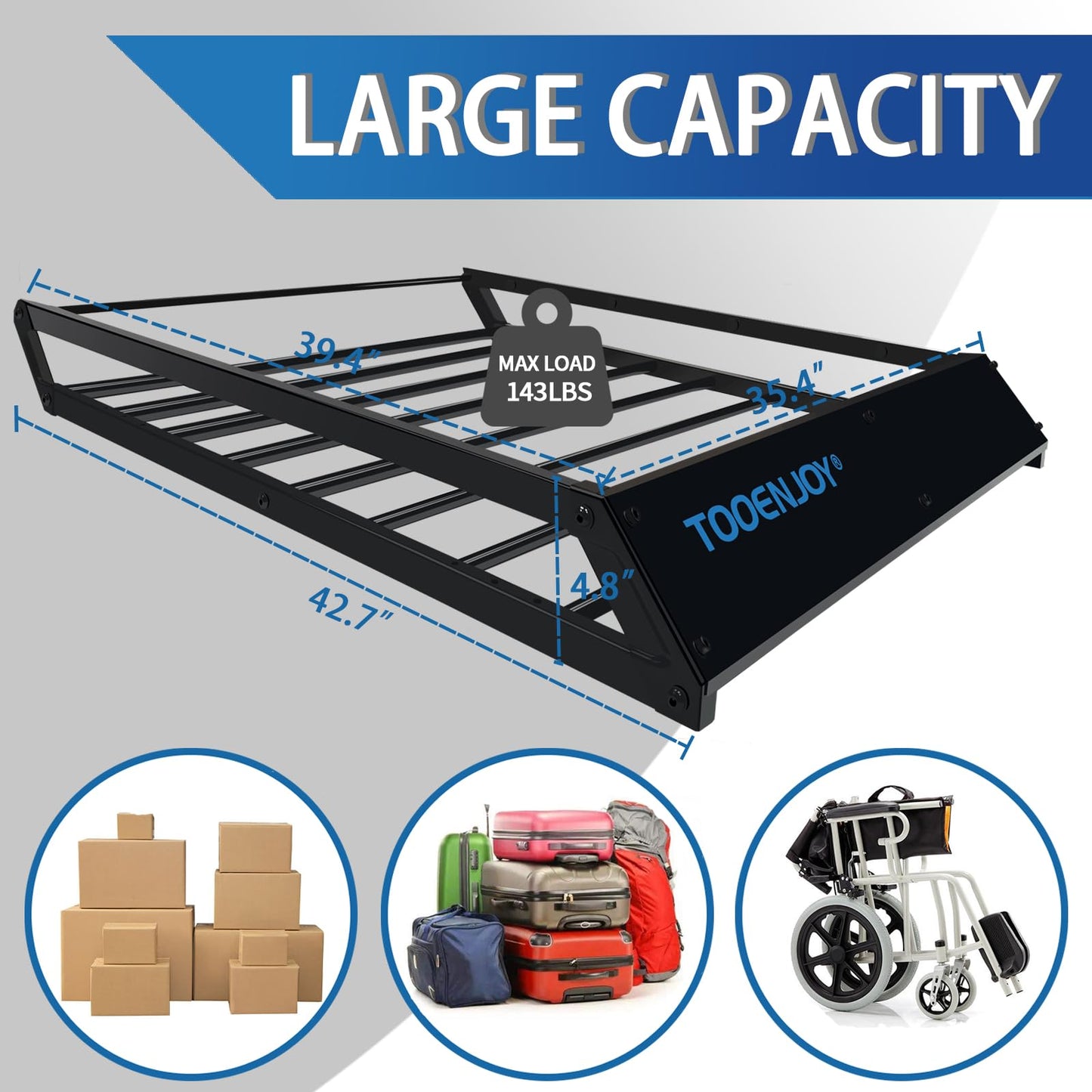 TOOENJOY Roof Rack Basket with Net, 43’’x 35’’x 4.7’’, Anti-Rust Rooftop Cargo Carrier with Removable Wind Fairing, Universal Car Top Luggage Holder for Car, SUV and Truck, 143 lbs Capacity
