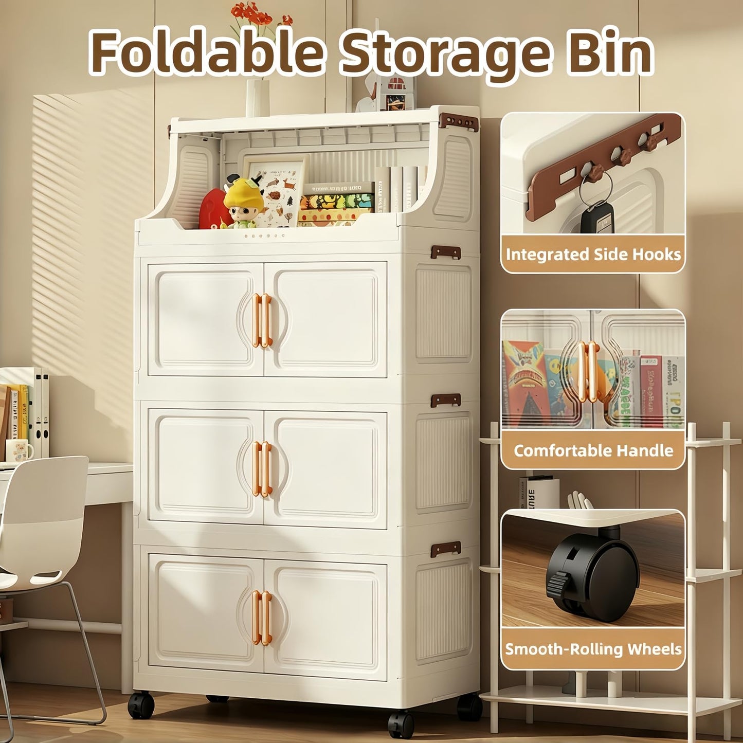 260QT Stackable Storage Bins with Lids & Rack, 6 Tier Large Capacity Foldable Storage Cabinet, Clear Collapsible Pantry Organizer for Home, Kitchen, Bathroom, Dorm, Office, White