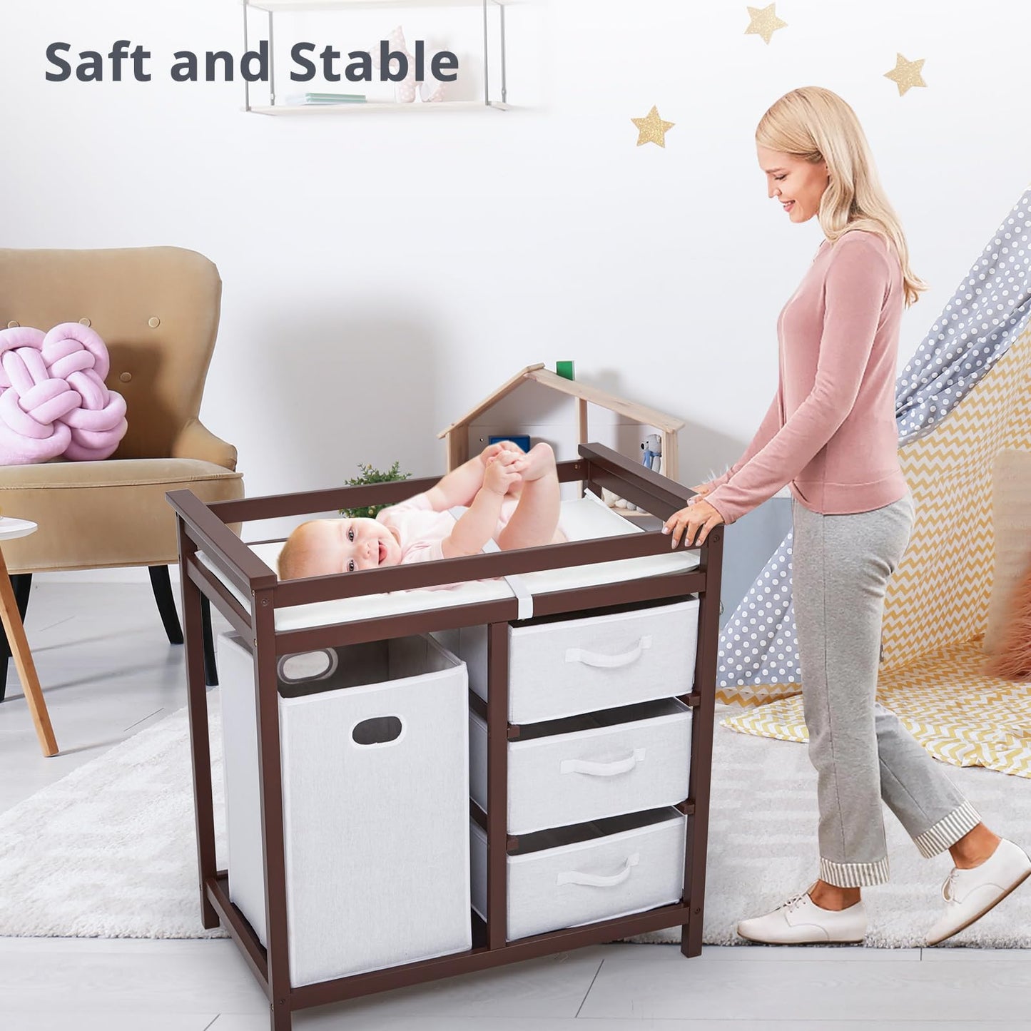 GarveeHome Modern Baby Changing Table with Laundry Hamper & 3 Drawers - Solid Wood Nursery Dresser Supports 40 Lbs, with Safety Strap & Waterproof Pad, Storage Organizer for Diapers, Clothes & Toys