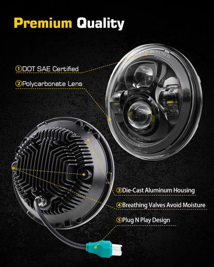 1000% Bright 7 Inch LED Headlights Round H6024 Compatible with Jeep Wrangler JK JKU TJ LJ CJ Ford Chevy GMC Miata etc High/Low Sealed Beam Headlamp Replacement DOT Approved Black 1 Pair