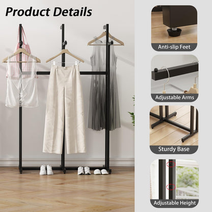 WTPLWD Black Clothes Rack with 6 Straight Arms, Metal Clothing Rack for Hanging Clothes, Freestanding Garment Rack Heavy Duty, 46" to 63" Adjustable Height Retail Clothing Rack for Boutiques Display