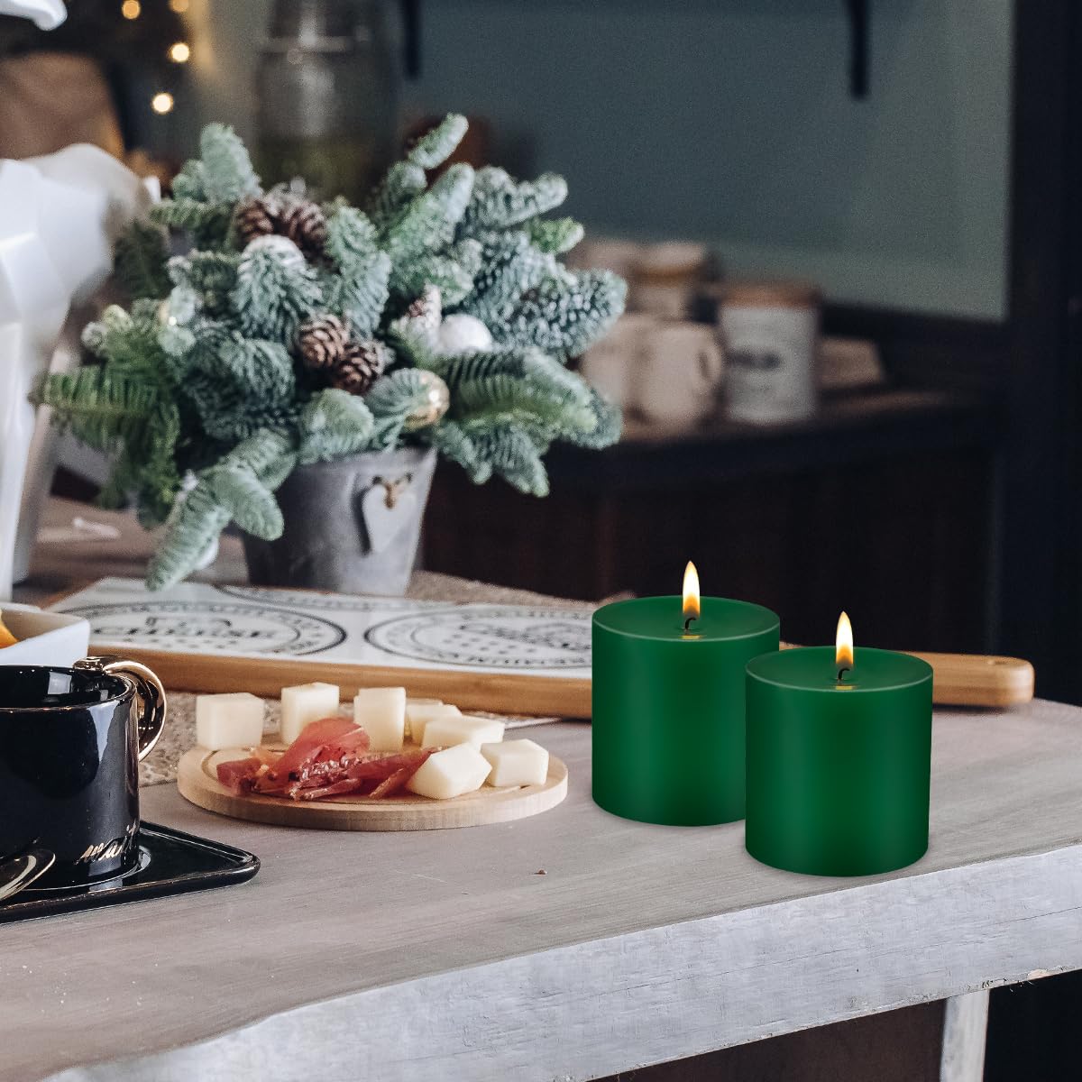 Set of 3 Dark Green Pillar Candles 3" x 3" Unscented for Weddings Christmas Home Holidays Relaxation St Patrick's Day Church