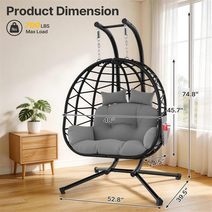Suteck Double Hanging Egg Chair with Stand, Egg Swing Chair with Cushion,Outdoor Indoor 2 Person Wicker 700lbs Capacity for Patio, Bedroom, Garden - Black
