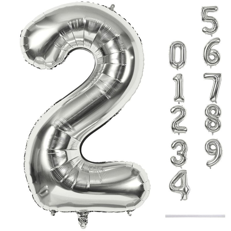 Silver Number Balloons, 40 inch Large Number 2 Foil Helium Balloons for Girls Women, Self Inflating Number Balloons 0-9 for Men Boys 2nd 12th 30th Birthday Anniversary Party Celebration Decoration