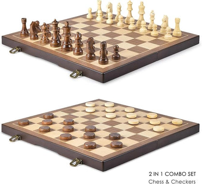 AMEROUS Magnetic Wooden Chess and Checkers Game Set 15 Inches (2 in 1) Chess Board Games 2 Extra Queens - Gift Package - Game Pieces Storage Slots Beginner Chess Set for Kids Adults