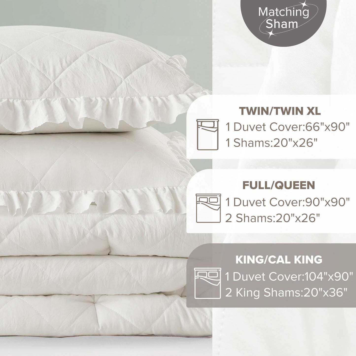 Comfort Spaces Ivory King Duvet Cover Set - 3 Pieces Ruffle Diamond Quilted Duvet Cover, All Season Lightweight, Cotton-Like Softness Pre-Washed Microfiber King Bedding Cover & Shams, King