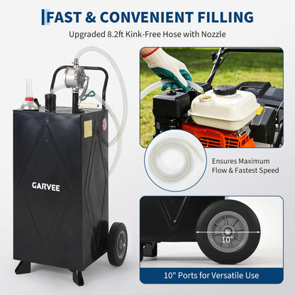 30 Gallon Fuel Gas Caddy Storage Tank, Portable Gas Caddy w/ Wheels, Reversible Manual Hand Pump & Fuel Hose, Anti-Static Grounding Clamp, Vent/Level Gauge, Wide Fill Neck, Gasoline/Diesel Transfer for ATV, Car, Mower, Tractor, Boat