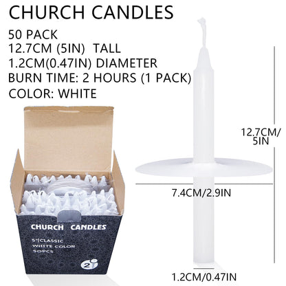 Church Candles with Drip Protectors for Devotional Candlelight Vigil Service, Box of 50 Candles, Unscented White 5" H X 1/2" D