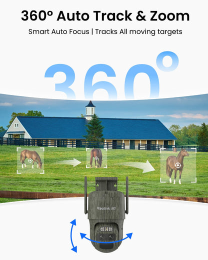 REOLINK 4K Dual Lens 4G Cellular Trail Camera, Auto Tracking Security Camera Wireless Outdoor, 6X Hybrid Zoom, SIM Card Included, IP66 Waterproof for Wildlife, TrackMix LTE Trail