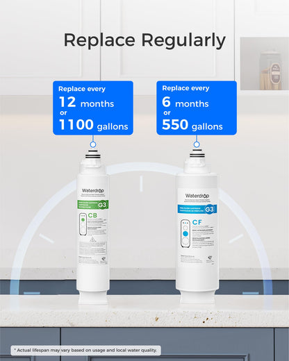 Waterdrop G3-2CFCB Filter, Replacement for Waterdrop G3-W & G3P600 & G3P800 Reverse Osmosis System, Pack of 2 G3-N1CF Filters and 1 G3-N3CB Filter, 1-Year Combo