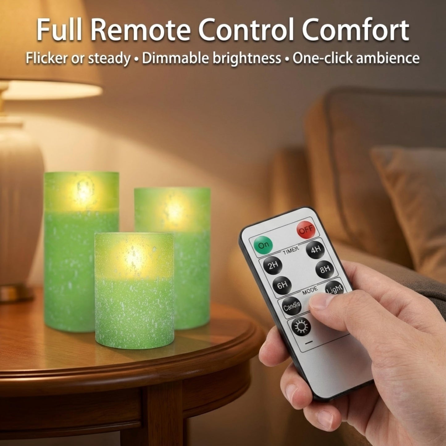 COVEGE Green Flameless Candles with Remote, Glass Flickering Battery Operated LED Pillar Candles with Timer, Real Wax, Set of 3 x4/5"/6"