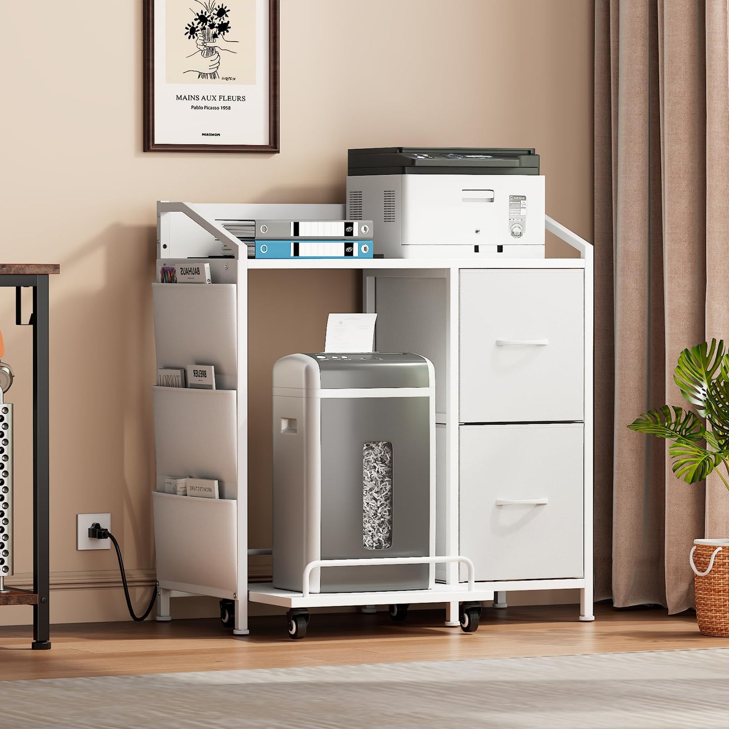 WODRAWER Printer Stand with Fabric Drawers, Lateral Office Filing Cabinets with Power outlets & USB Charging Port, File Cabinet with Large Printer Stands for Home Office, Shredder Stand Rack (White)