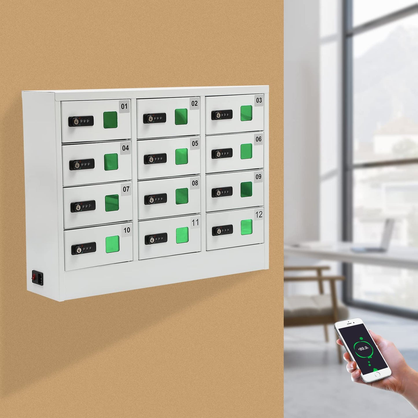 12-Slot Cell Phone Charging Cabinet with 3 in 1 Cable, QC3.0 Fast Charging & Combination Lock -Must-Have for Office & Classroom
