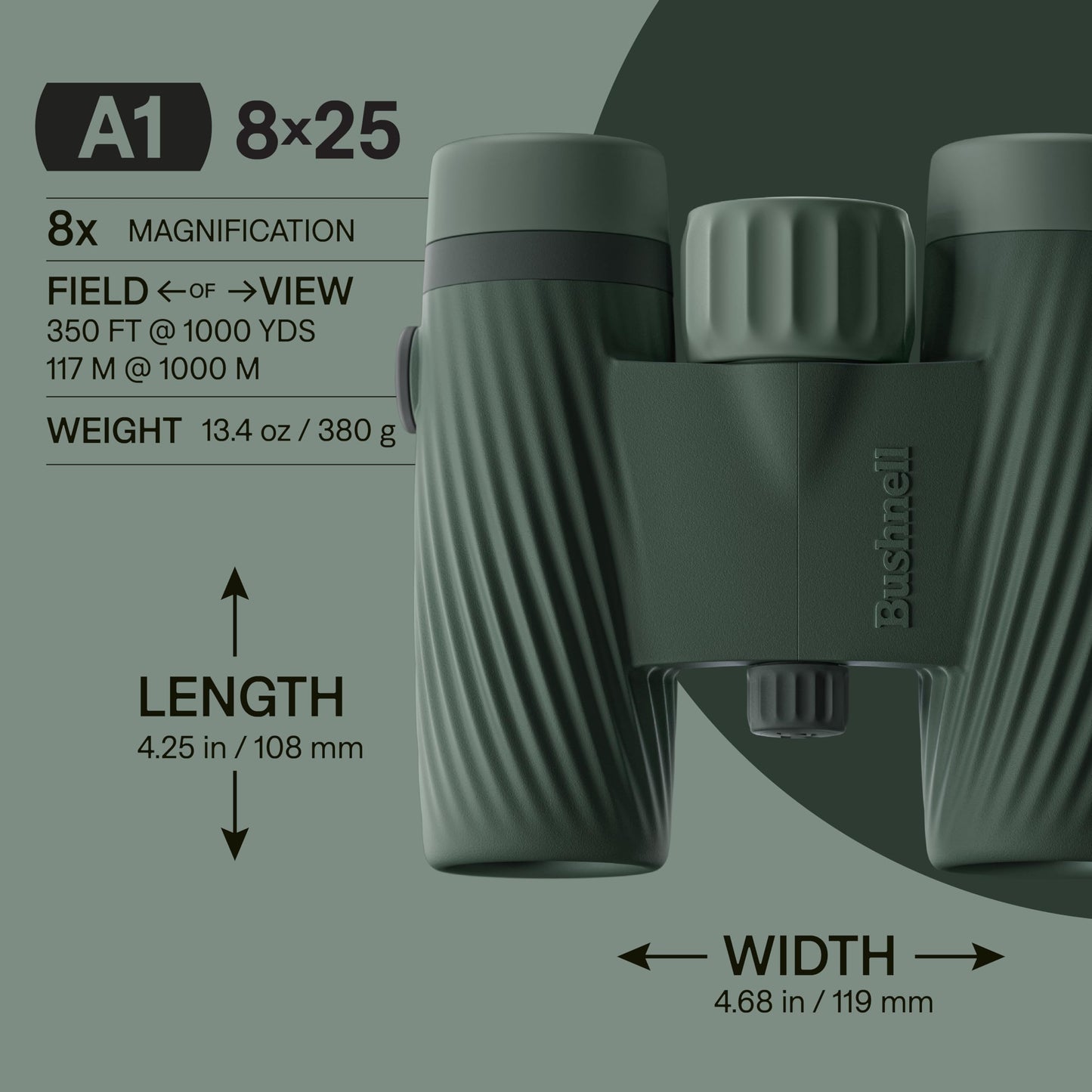 Bushnell A1 8x25 Compact Binoculars for Adults & Kids, Waterproof, Fogproof, 8X Magnification, Fully Multi-Coated Lenses & Rubber Armor - Cilantro Green