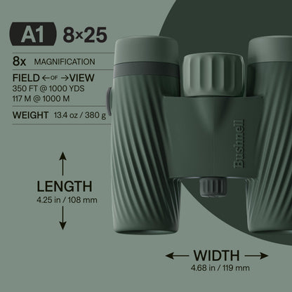 Bushnell A1 8x25 Compact Binoculars for Adults & Kids, Waterproof, Fogproof, 8X Magnification, Fully Multi-Coated Lenses & Rubber Armor - Cilantro Green